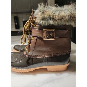 NATURE BREEZE ‎ Brown side zip & LACE UP DUCK BOOTS W FAUX FUR TRIM SIZE 6.5
